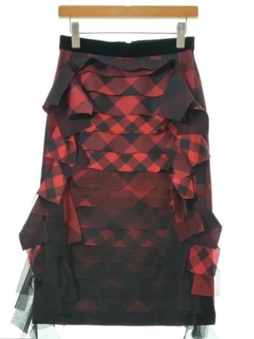 Sacai Red and Black Plaid Ruffle Pencil Skirt